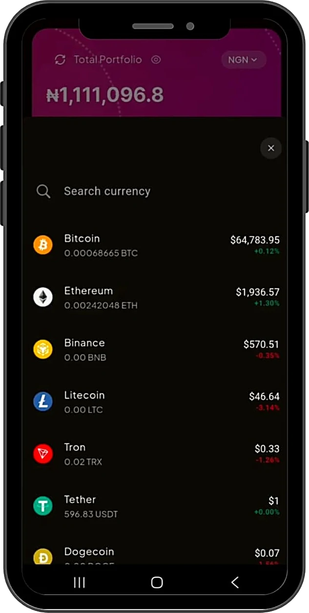Coin list in the Yesa app: Bitcoin, Ethereum, BNB, Litecoin, Tron, Tether and Dogecoin with live prices
