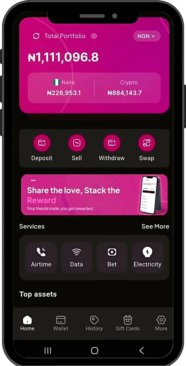 Yesa app home screen showing a naira and crypto portfolio with deposit, sell, withdraw and swap actions
