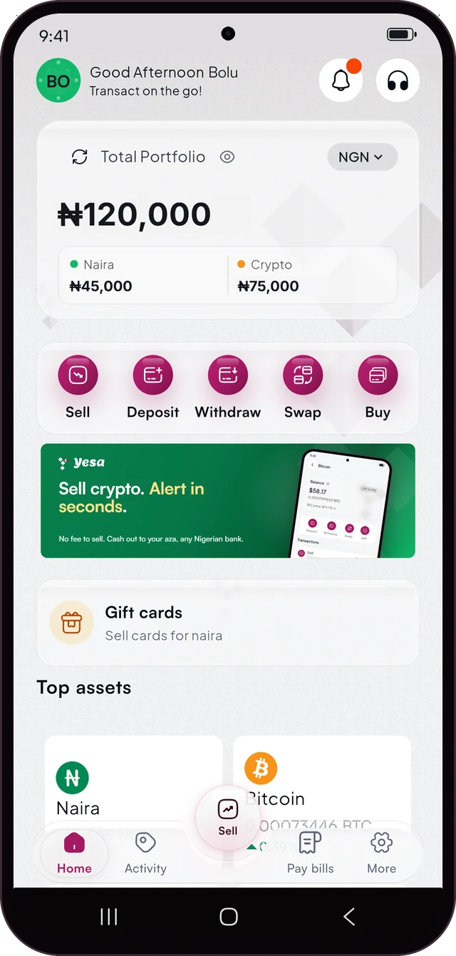 Yesa app home screen showing a naira and crypto portfolio with sell, deposit, withdraw, swap and buy actions