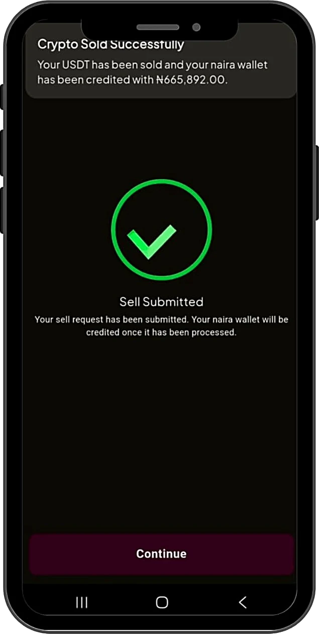 Completed USDT sale on Yesa: crypto sold successfully and naira wallet credited