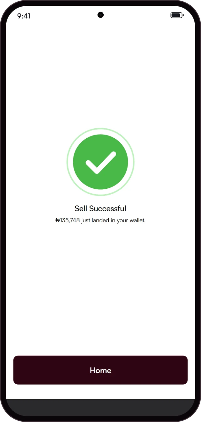 Yesa app sell successful screen: the naira amount has landed in the wallet. Example figures.